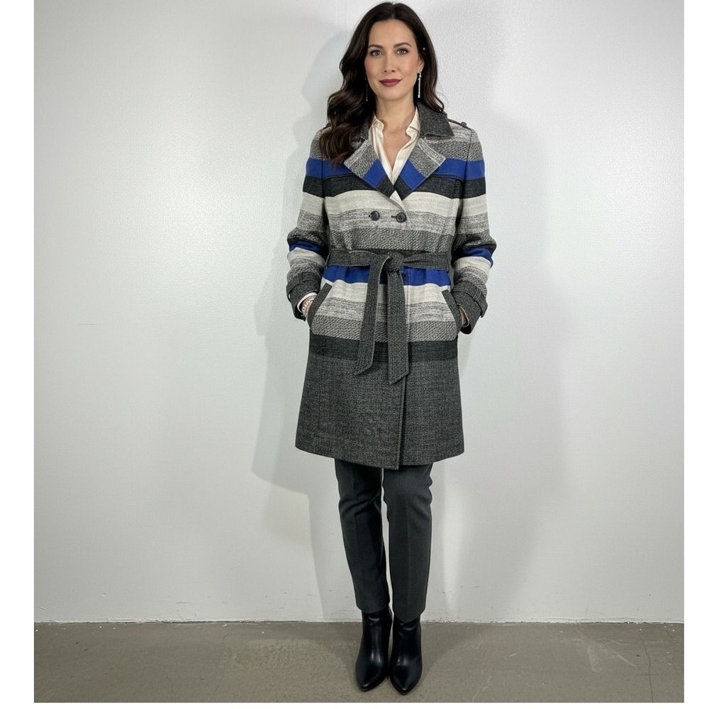 Classiques Entier Womens Wool Blend Belted Double Breasted Stripe Trench Coat L